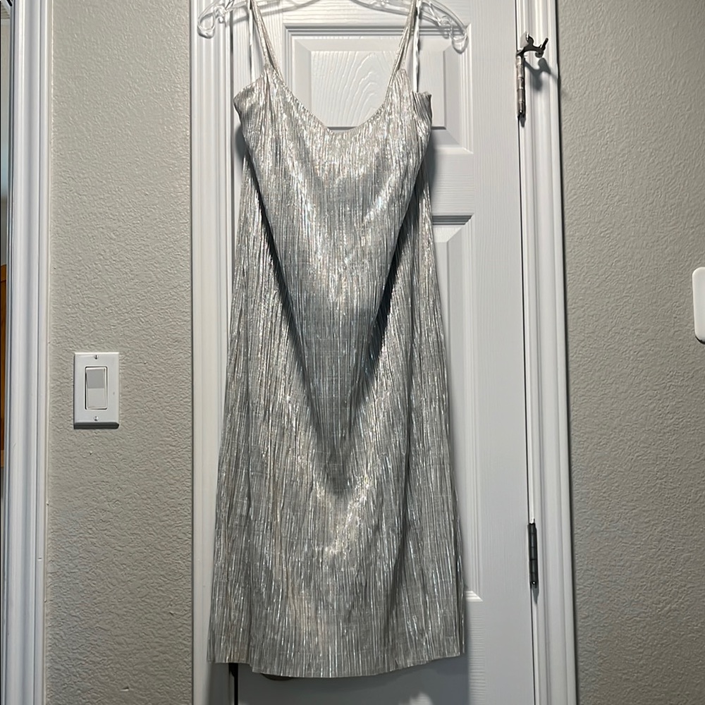 Banana Republic Silver Pleated Slip Midi Dress